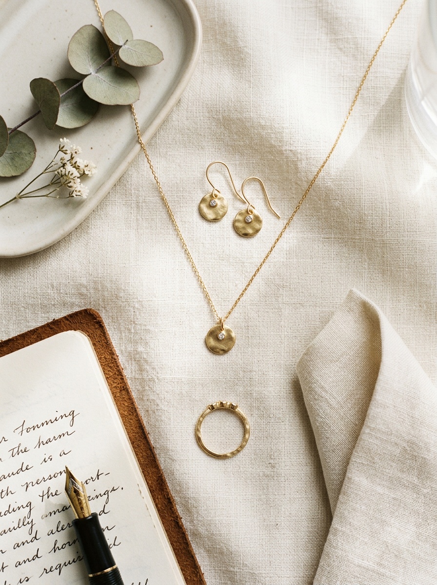 Gold jewellery set flat lay